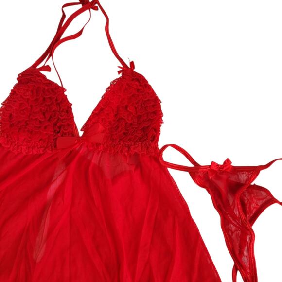 NWT Sexy Leg Ave Ruffle Sheer Mesh Red Lace Wireless Babydoll Lingerie 2pc O/S - Picture 2 of 9